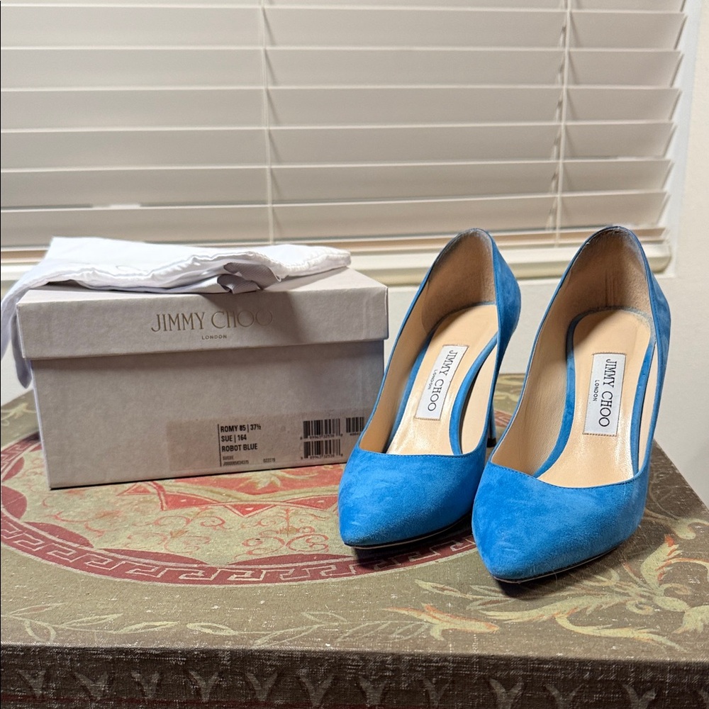 Jimmy Choo Robot Blue Suede Heels, Size 37.5